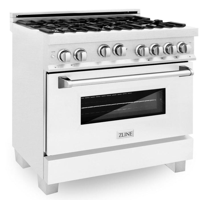 ZLINE 36" Professional Gas Range in DuraSnow® with White Matte Door & 36" Range Hood Appliance Package, 2KP-RGSWMRH36