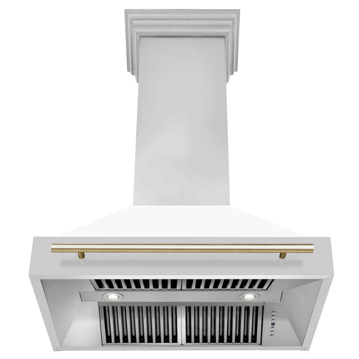 ZLINE Autograph Edition 36 in. Kitchen Package with Stainless Steel Dual Fuel Range with White Matte Door and Range Hood with Polished Gold Accents (2AKP-RAWMRH36-G)