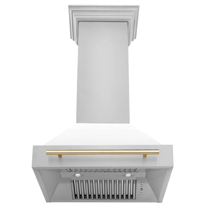 ZLINE Autograph Edition 30 in. Kitchen Package with Stainless Steel Dual Fuel Range with White Matte Door, Range Hood and Dishwasher with Polished Gold Accents (3AKP-RAWMRHDWM30-G)