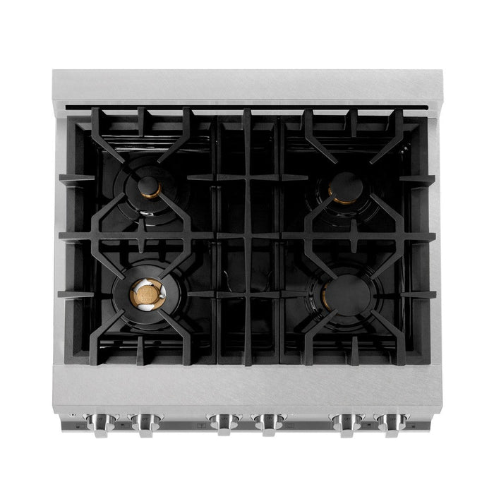 ZLINE 30 in. 4.0 cu. ft. Legacy Dual Fuel Range with Gas Cooktop and Electric Convection Oven in DuraSnow® Stainless Steel with 4 Brass Burners (RAS-SN-BR-30)