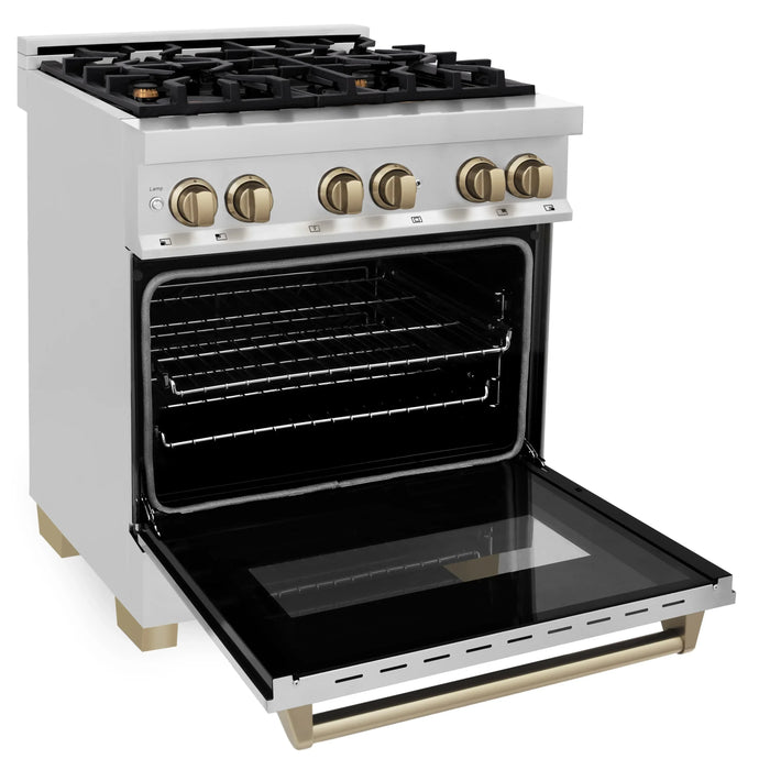 ZLINE Autograph Package - 30 In. Dual Fuel Range, Range Hood, Dishwasher in Stainless Steel with Champagne Bronze Accent, 3AKP-RARHDWM30-CB