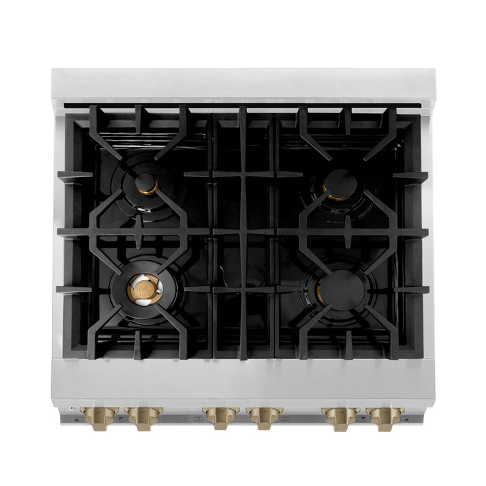 ZLINE Autograph Package - 30 In. Dual Fuel Range, Range Hood, Dishwasher in Stainless Steel with Champagne Bronze Accent, 3AKP-RARHDWM30-CB