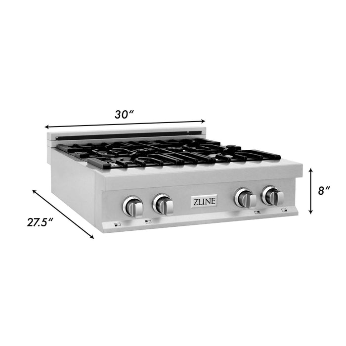 ZLINE 30" Rangetop in DuraSnow® Stainless Steel with 4 Gas Brass Burners And Griddle, RTS-GR-30