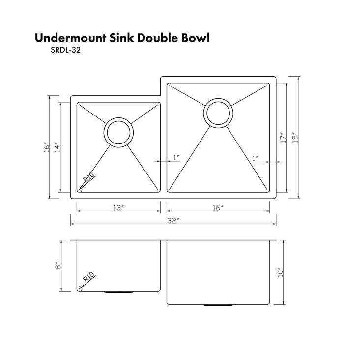 ZLINE 32 in. Jackson Undermount Double Bowl Kitchen Sink with Bottom Grid (SRDL-32)