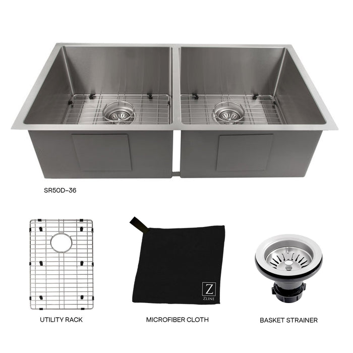 ZLINE 36 in. Anton Undermount Double Bowl Kitchen Sink with Bottom Grid (SR50D-36)