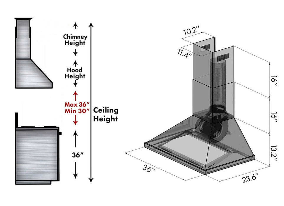 ZLINE 36 in. Professional Convertible Vent Wall Mount Range Hood in Stainless Steel (696-36)