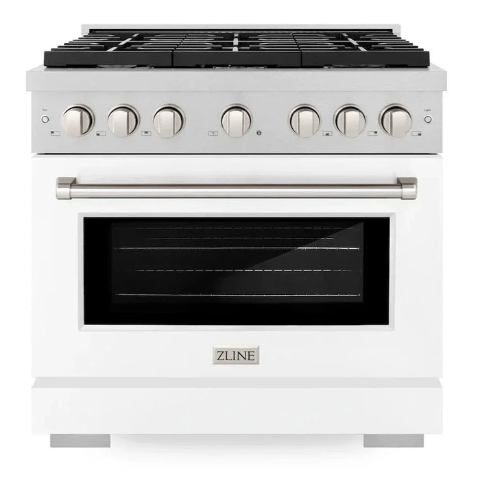 ZLINE Paramount 36" 5.2 cu. ft. Gas Range with Convection Oven in DuraSnow® Stainless Steel with White Matte Door, SGRS-WM-36