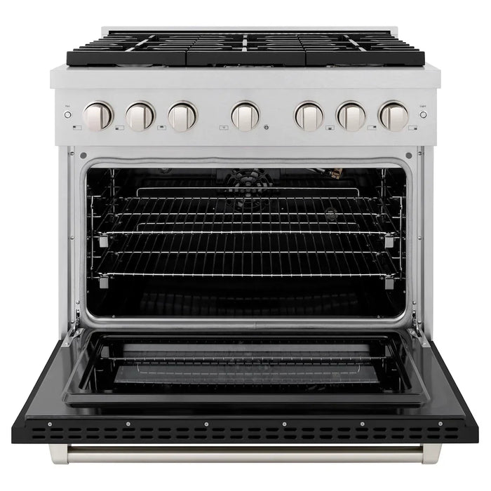 ZLINE Paramount 36" 5.2 cu. ft. Gas Range with Convection Oven in DuraSnow® Stainless Steel with Black Matte Door, SGRS-BLM-36