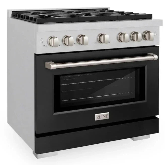 ZLINE Paramount 36" 5.2 cu. ft. Gas Range with Convection Oven in DuraSnow® Stainless Steel with Black Matte Door, SGRS-BLM-36