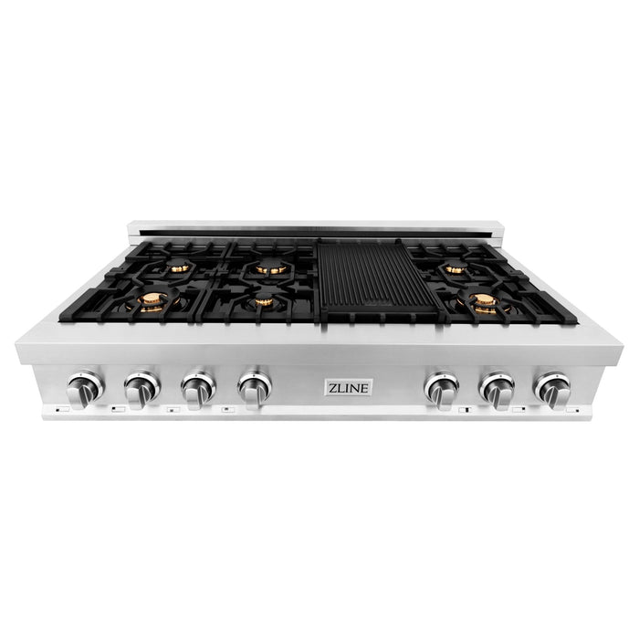 ZLINE 48" Rangetop in Stainless Steel with 7 Gas Brass Burners and Griddle, RT-BR-GR-48