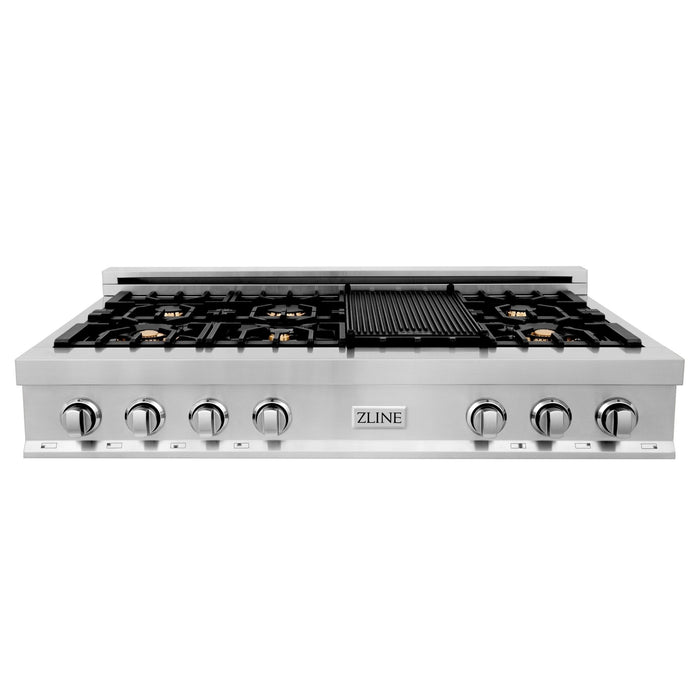 ZLINE 48" Rangetop in Stainless Steel with 7 Gas Brass Burners and Griddle, RT-BR-GR-48