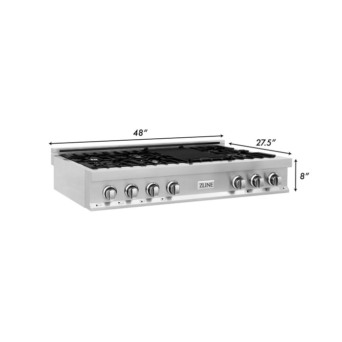 ZLINE 48" Rangetop in Stainless Steel with 7 Gas Burnes and Griddle, RT-GR-48