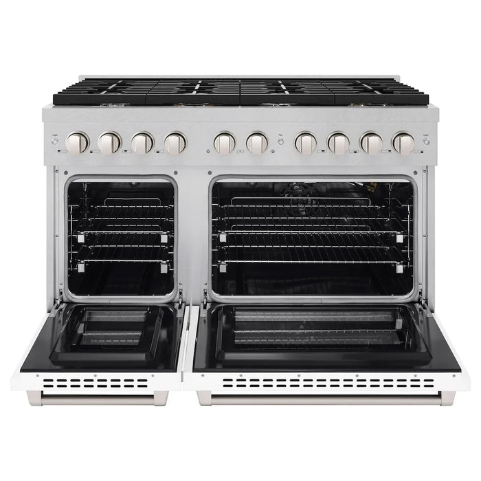 ZLINE Paramount 48" 6.7 cu. ft. Gas Range with Convection Oven in DuraSnow® Stainless Steel with White Matte Doors, SGRS-WM-48