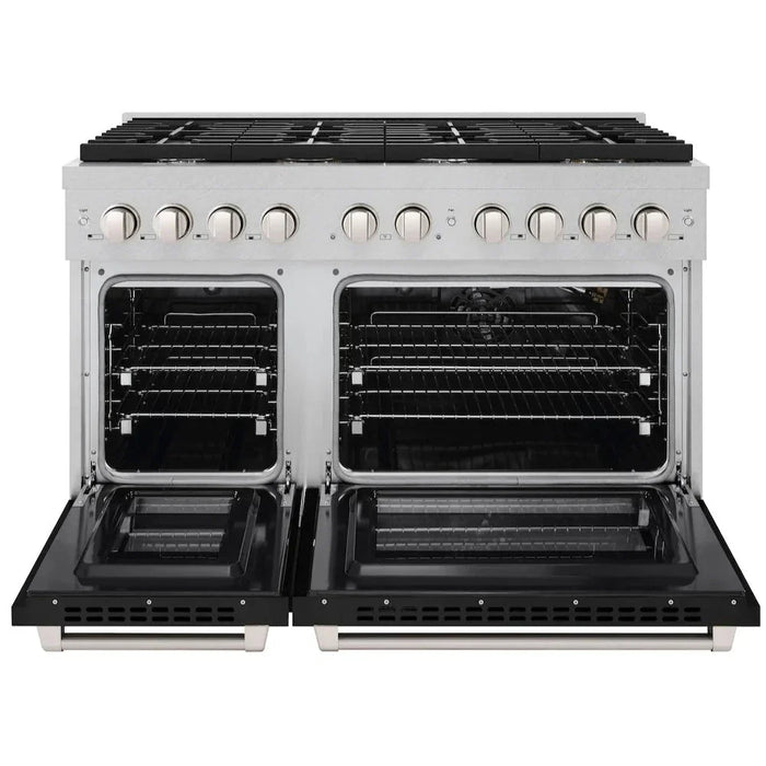 ZLINE Paramount 48" 6.7 cu. ft. Gas Range with Convection Oven in DuraSnow® Stainless Steel with Black Matte Doors, SGRS-BLM-48