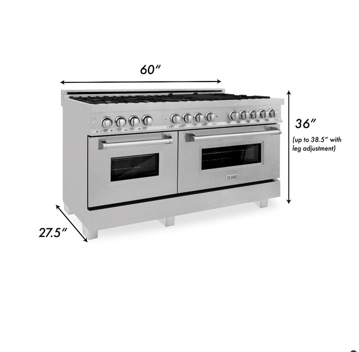 ZLINE 60 in. 7.4 cu. ft. Legacy Dual Fuel Range with Gas Cooktop and 2 Electric Convection Ovens in DuraSnow® Stainless Steel with 8 Brass Burners (RAS-SN-BR-60)