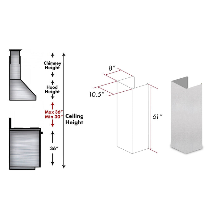 ZLINE 61 in. DuraSnow® Stainless Steel Chimney Extension for Ceilings up to 12.5 ft. (8KF2S-E)