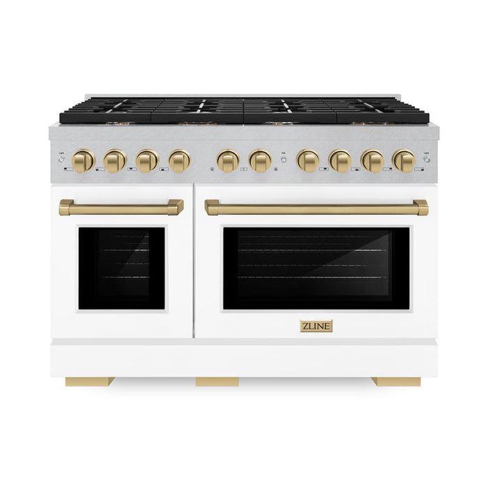 ZLINE Autograph 48" 6.7 cu. ft. Paramount Double Oven Gas Range in DuraSnow® Stainless Steel with White Matte Doors and Bronze Accents, SGRSZ-WM-48-CB