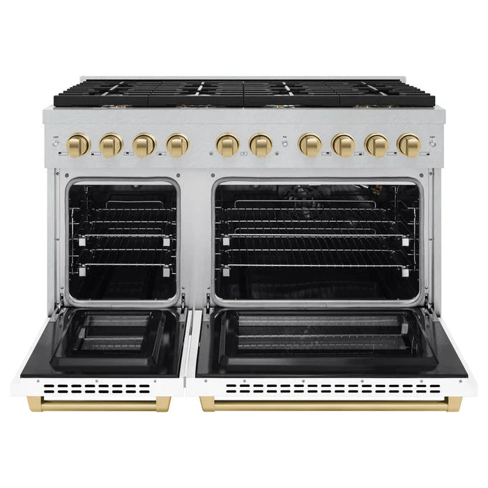 ZLINE Autograph Package - 48" Gas Range and Range Hood in DuraSnow® Stainless Steel, White Matte, Bronze Accents