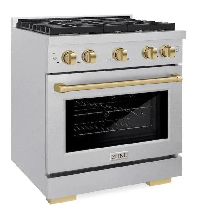 ZLINE Autograph 30" 4.2 cu. ft. Paramount Gas Range with Convection Gas Oven in DuraSnow® Stainless Steel and Bronze Accents, SGRSZ-30-CB