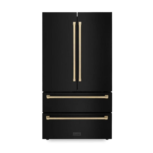 ZLINE 36 in. Autograph Edition French Door Refrigerator with Ice Maker in Black Stainless Steel with Champagne Bronze Accents front.