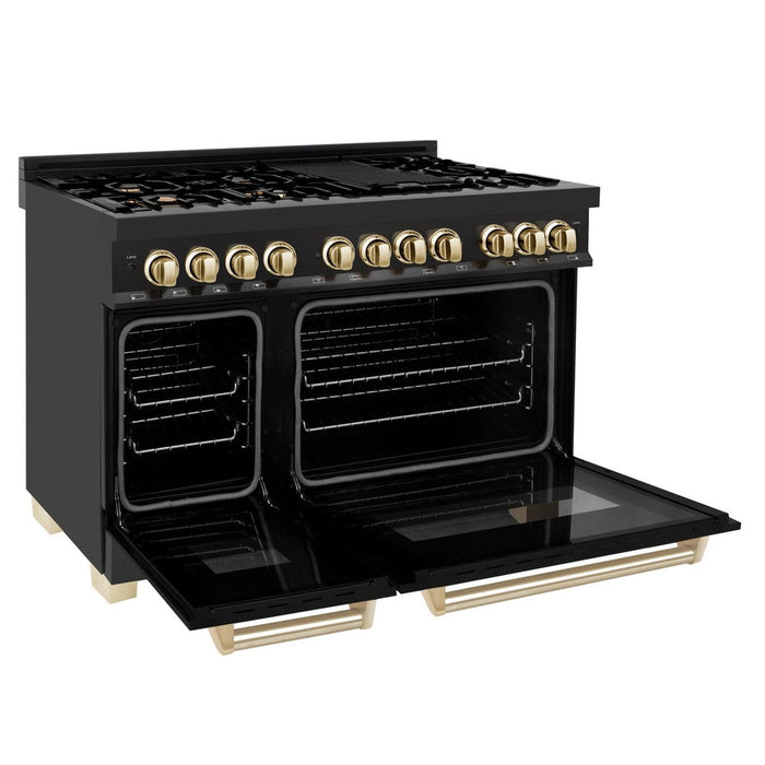 ZLINE Autograph 48" 6.0 cu. ft. Dual Fuel Range in Black Stainless Steel with Gold Accents, RABZ-48-G