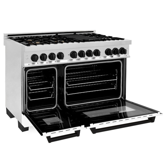 ZLINE Autograph 48" 6.0 cu. ft. Dual Fuel Range with White Matte Door and Black Matte Accents, RAZ-WM-48-MB