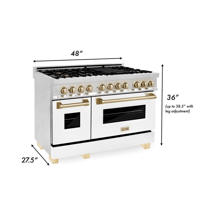 ZLINE Autograph 48" 6.0 cu. ft. Dual Fuel Range with White Matte Door and Gold Accents, RAZ-WM-48-G