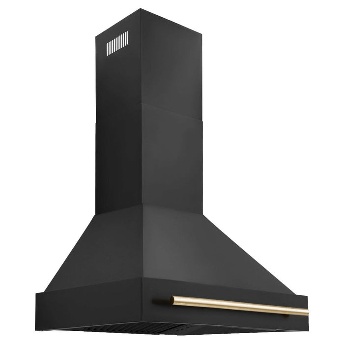 ZLINE Autograph Edition Kitchen Package in Black Stainless Steel with 30 in. Dual Fuel Range, 30 in. Range Hood, 24 in. Dishwasher and 36 in. French Door Refrigerator with Polished Gold Accents (4AKPR-RABRHDWV30-G)