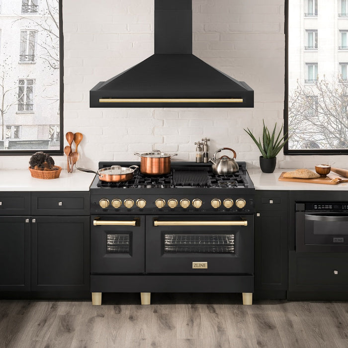 ZLINE Autograph Edition 48 in. Kitchen Package with Black Stainless Steel Dual Fuel Range, Range Hood and Dishwasher with Polished Gold Accents (3AKP-RABRHDWV48-G)