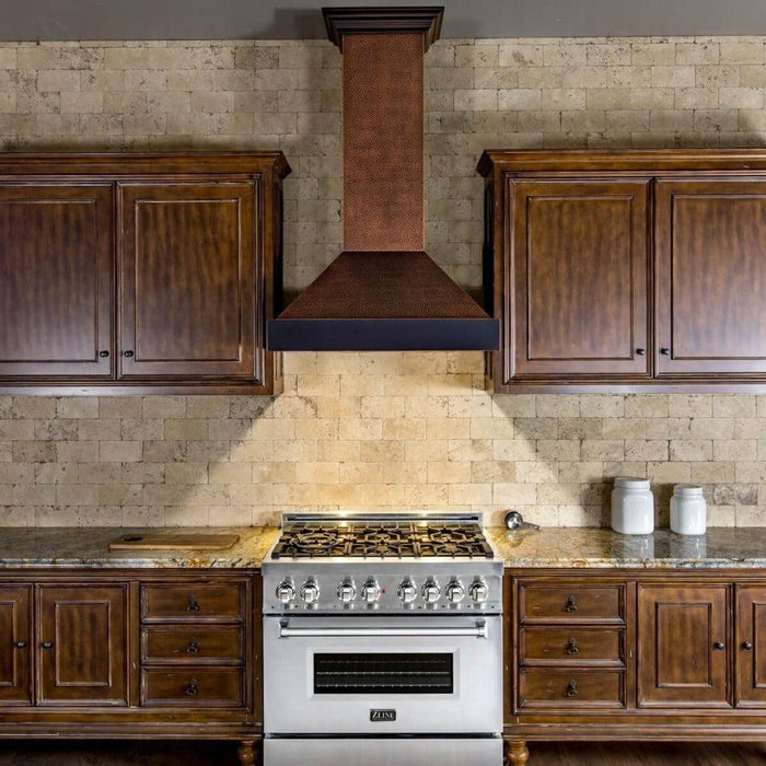 ZLINE Designer Series Wall Mount Range Hood in Hand-Hammered Copper with Oil-Rubbed Bronze Details (655-HBXXX)