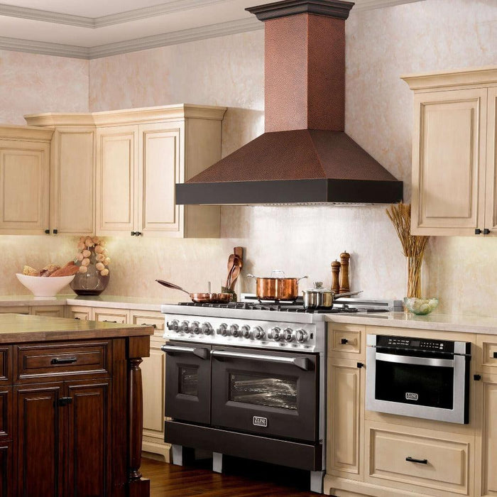 ZLINE Designer Series Wall Mount Range Hood in Hand-Hammered Copper with Oil-Rubbed Bronze Details (655-HBXXX)