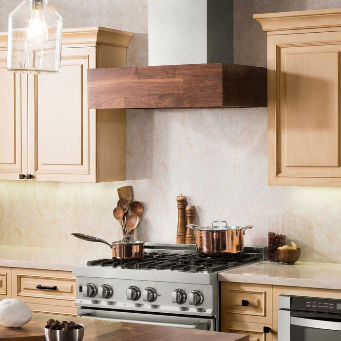 ZLINE Remote Blower Ducted Designer Series Wooden Wall Mount Range Hood in Walnut Butcher Block (681W-RD/RS)