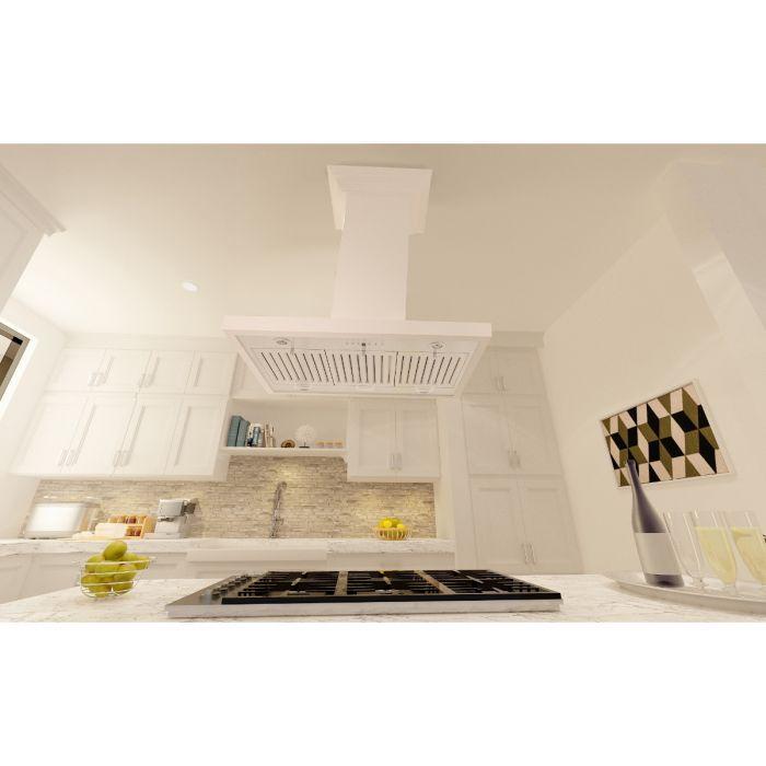 ZLINE 36 in. Designer Series White Wooden Island Range Hood, Crown Molding, KBiTT-36