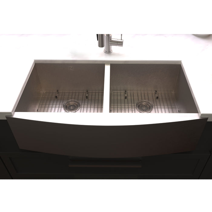 ZLINE 36 in. Niseko Farmhouse Apron Mount Double Bowl DuraSnow® Stainless Steel Kitchen Sink with Bottom Grid, SA50D-36S