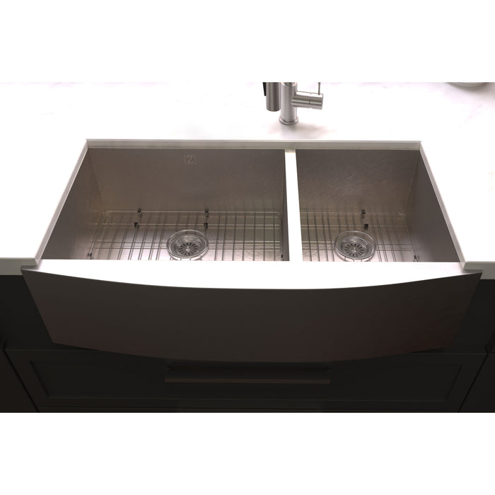 ZLINE 36 in. Courchevel Farmhouse Apron Mount Double Bowl DuraSnow® Stainless Steel Kitchen Sink with Bottom Grid, SA60D-36S