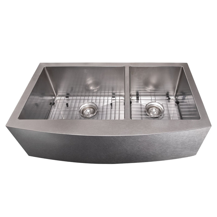 ZLINE 36 in. Courchevel Farmhouse Apron Mount Double Bowl DuraSnow® Stainless Steel Kitchen Sink with Bottom Grid, SA60D-36S