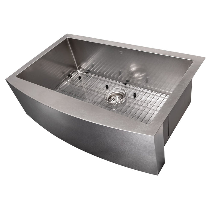 ZLINE 33 in. Vail Farmhouse Apron Mount Single Bowl DuraSnow® Stainless Steel Kitchen Sink with Bottom Grid, SAS-33S