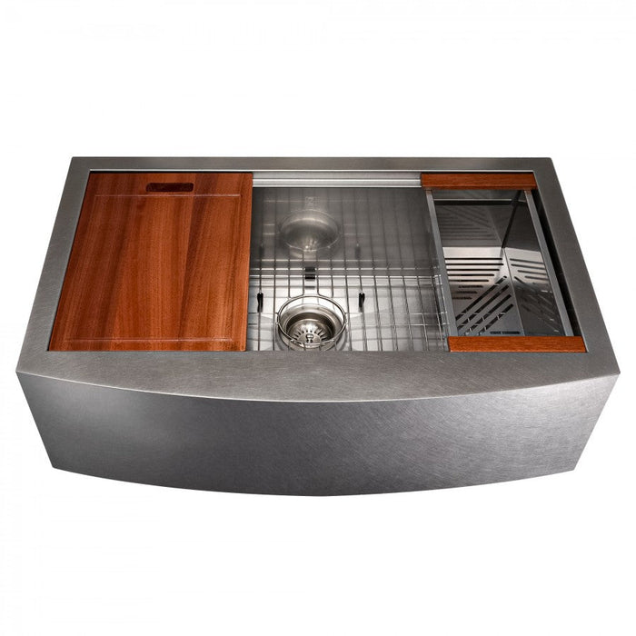 ZLINE 33 in. Moritz Farmhouse Apron Mount Single Bowl DuraSnow® Stainless Steel Kitchen Sink with Bottom Grid and Accessories, SLSAP-33S