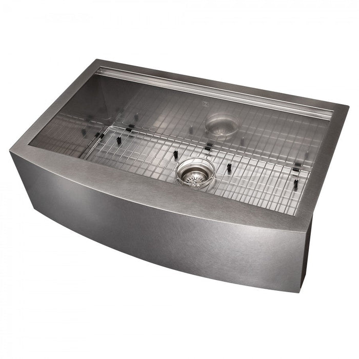 ZLINE 33 in. Moritz Farmhouse Apron Mount Single Bowl DuraSnow® Stainless Steel Kitchen Sink with Bottom Grid and Accessories, SLSAP-33S