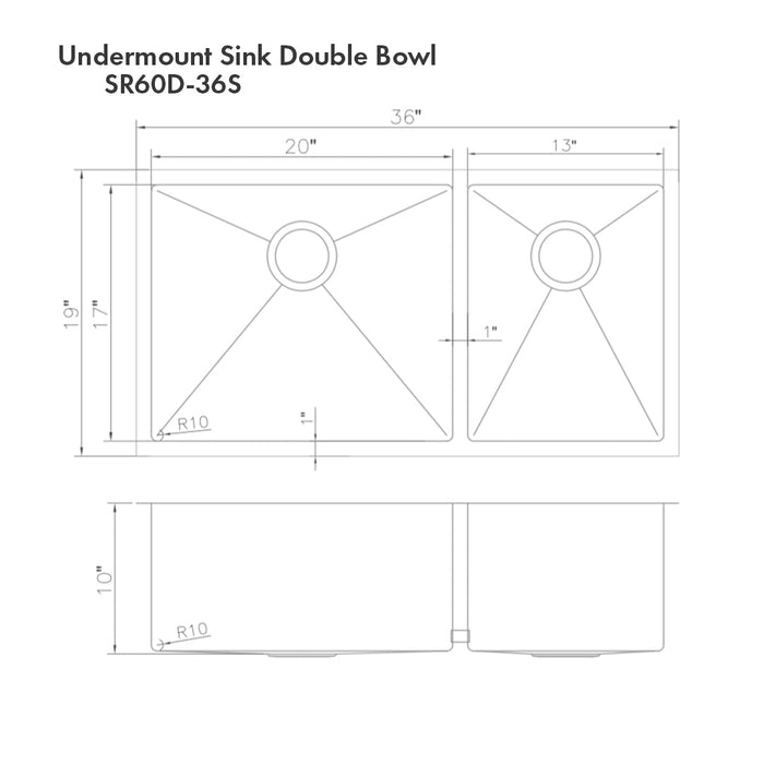 ZLINE 36 in. Chamonix Undermount Double Bowl Kitchen Sink with Bottom Grid (SR60D-36)