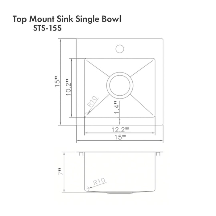 ZLINE 15 in. Donner Topmount Single Bowl DuraSnow® Stainless Steel Bar Kitchen Sink, STS-15S