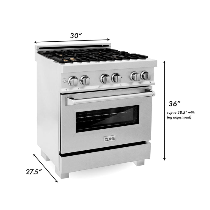 ZLINE 30" 4.0 cu. ft. Gas Burner, Electric Oven with Griddle and Brass Burners in DuraSnow® Stainless Steel, RAS-SN-BR-GR-30