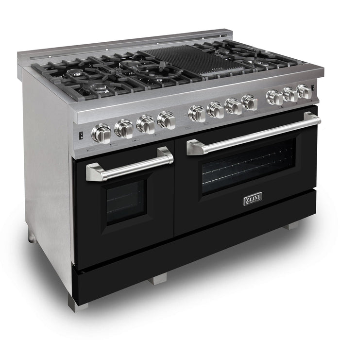 ZLINE 48 in. 6.0 cu. ft. Legacy Dual Fuel Range with 7 Burner Gas Cooktop and 2 Electric Ovens in DuraSnow® Stainless Steel and Black Matte Doors (RAS-BLM-48)