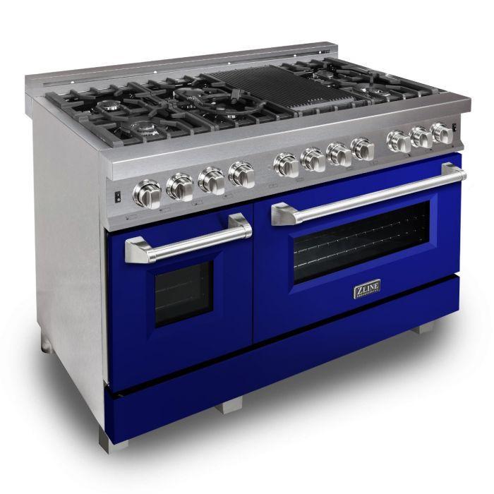 ZLINE 48" Dual Fuel Range with Blue Gloss Door & 48" Range Hood Appliance Package, 2KP-RASBGRH48