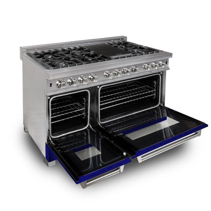 ZLINE 48" Dual Fuel Range with Blue Gloss Door & 48" Range Hood Appliance Package, 2KP-RASBGRH48