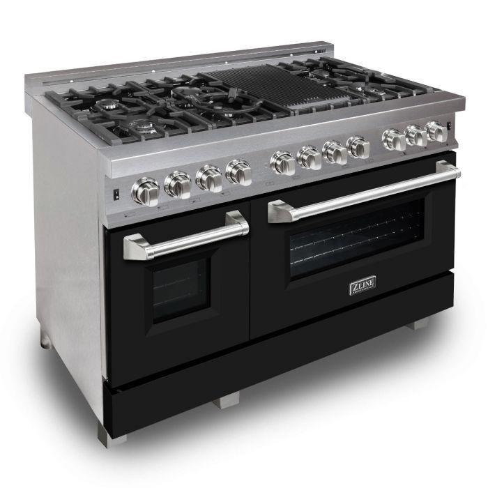 ZLINE 48" Dual Fuel Range with Black Matte Door & 48" Range Hood Appliance Package, 2KP-RASBLMRH48