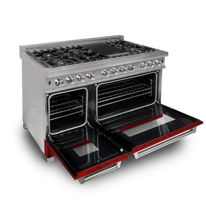 ZLINE 48" Dual Fuel Range with Red Matte Door & 48" Range Hood Appliance Package, 2KP-RASRMRH48