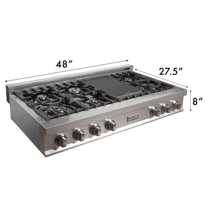 ZLINE Appliance Package - 48" Rangetop With 7 Gas Burners, Range Hood in DuraSnow® Stainless Steel, 2KP-RTSRH48