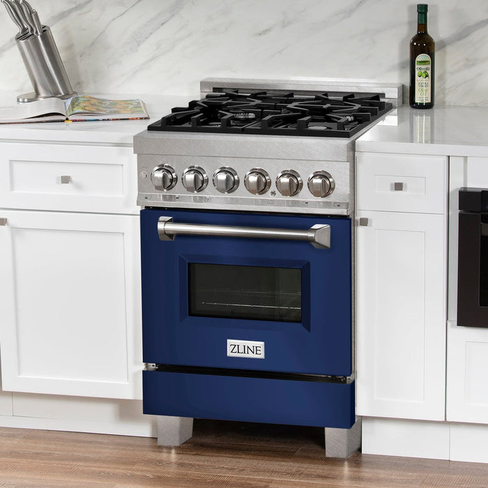 ZLINE 24 in. 2.8 cu. ft. Legacy Dual Fuel Range with 4 Burner Gas Cooktop and Electric Convection Oven in DuraSnow® Stainless Steel and Blue Gloss Door (RAS-BG-24)