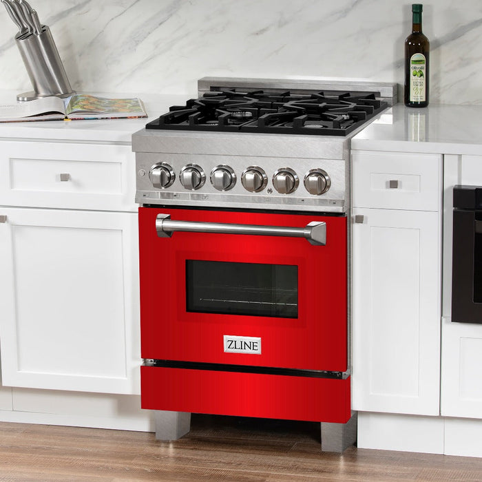 ZLINE 24 in. 2.8 cu. ft. Legacy Dual Fuel Range with 4 Burner Gas Cooktop and Electric Convection Oven in DuraSnow® Stainless Steel and Red Matte Door (RAS-RM-24)